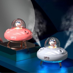 Lindo humidificador forma ovni y logotipo personalizado, humidificador de aire de doble pulverización ultrasilencioso con luz n