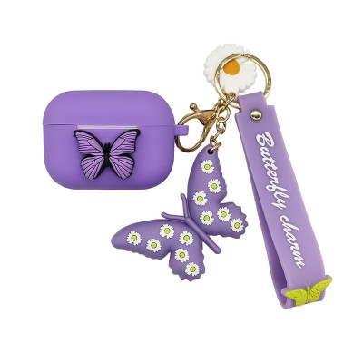 Hermosa funda de goma de PVC con forma de mariposa morada para Airpods Pro con llavero